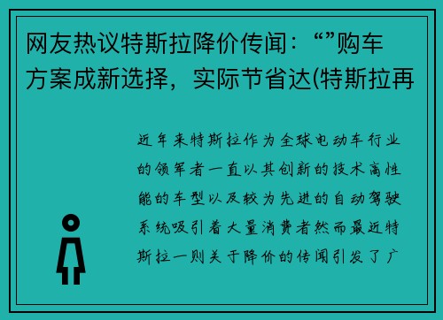 网友热议特斯拉降价传闻：“”购车方案成新选择，实际节省达(特斯拉再次降价)