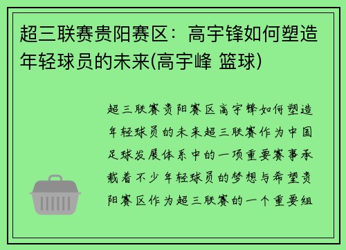 超三联赛贵阳赛区：高宇锋如何塑造年轻球员的未来(高宇峰 篮球)