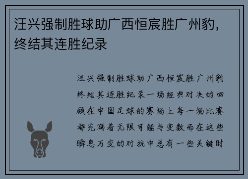 汪兴强制胜球助广西恒宸胜广州豹，终结其连胜纪录