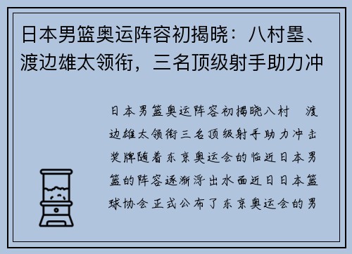 日本男篮奥运阵容初揭晓：八村塁、渡边雄太领衔，三名顶级射手助力冲击奖牌