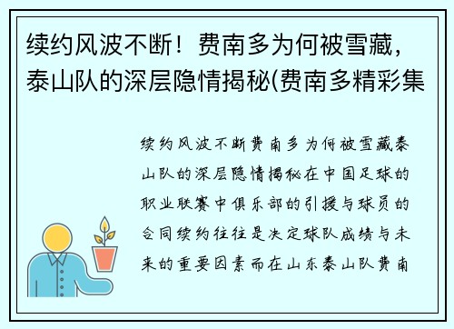 续约风波不断！费南多为何被雪藏，泰山队的深层隐情揭秘(费南多精彩集锦)