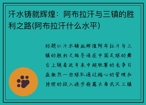 汗水铸就辉煌：阿布拉汗与三镇的胜利之路(阿布拉汗什么水平)